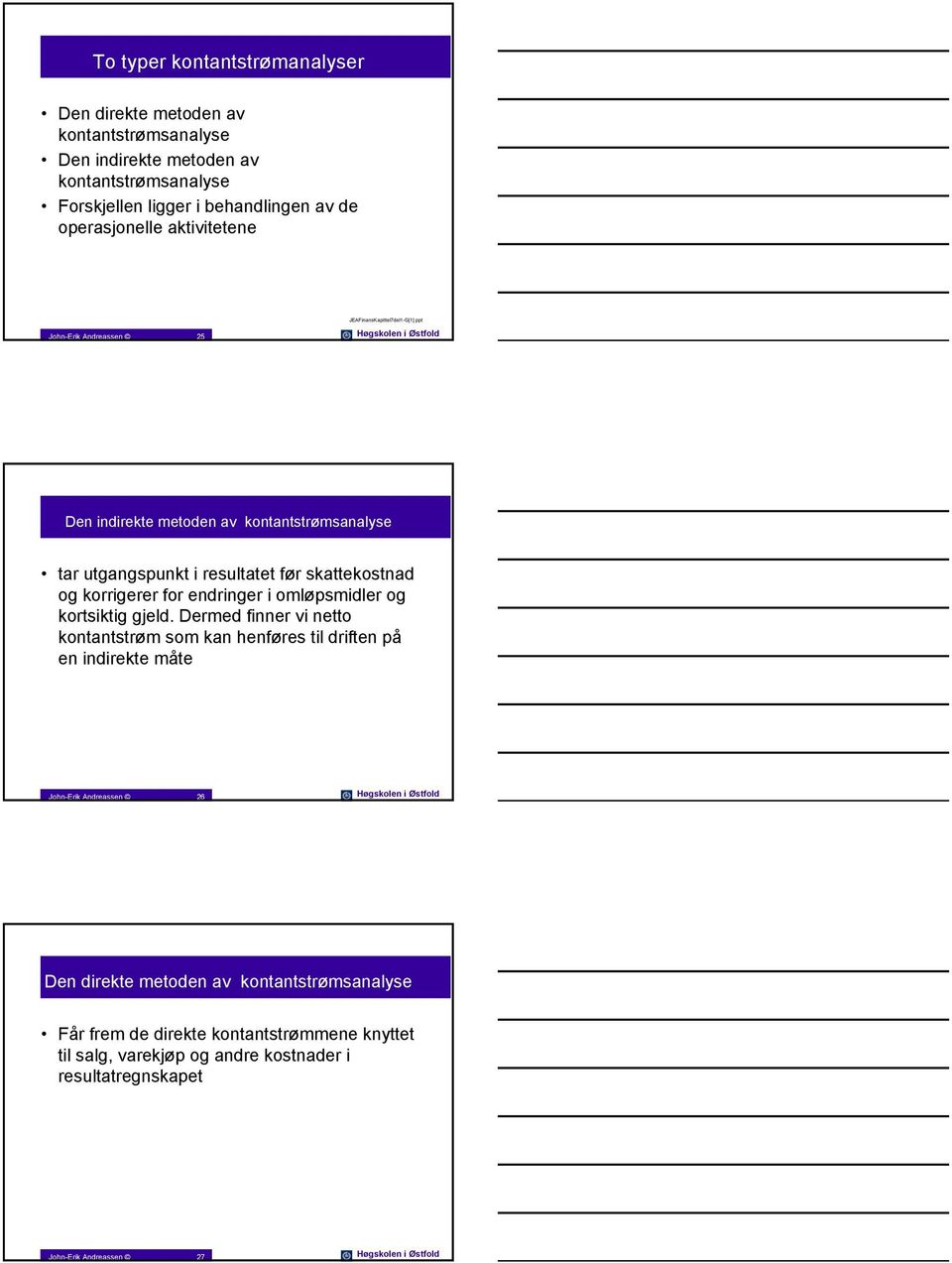 ppt John-Erik Andreassen 25 Høgskolen i Østfold Den indirekte metoden av kontantstrømsanalyse tar utgangspunkt i resultatet før skattekostnad og korrigerer for endringer i omløpsmidler