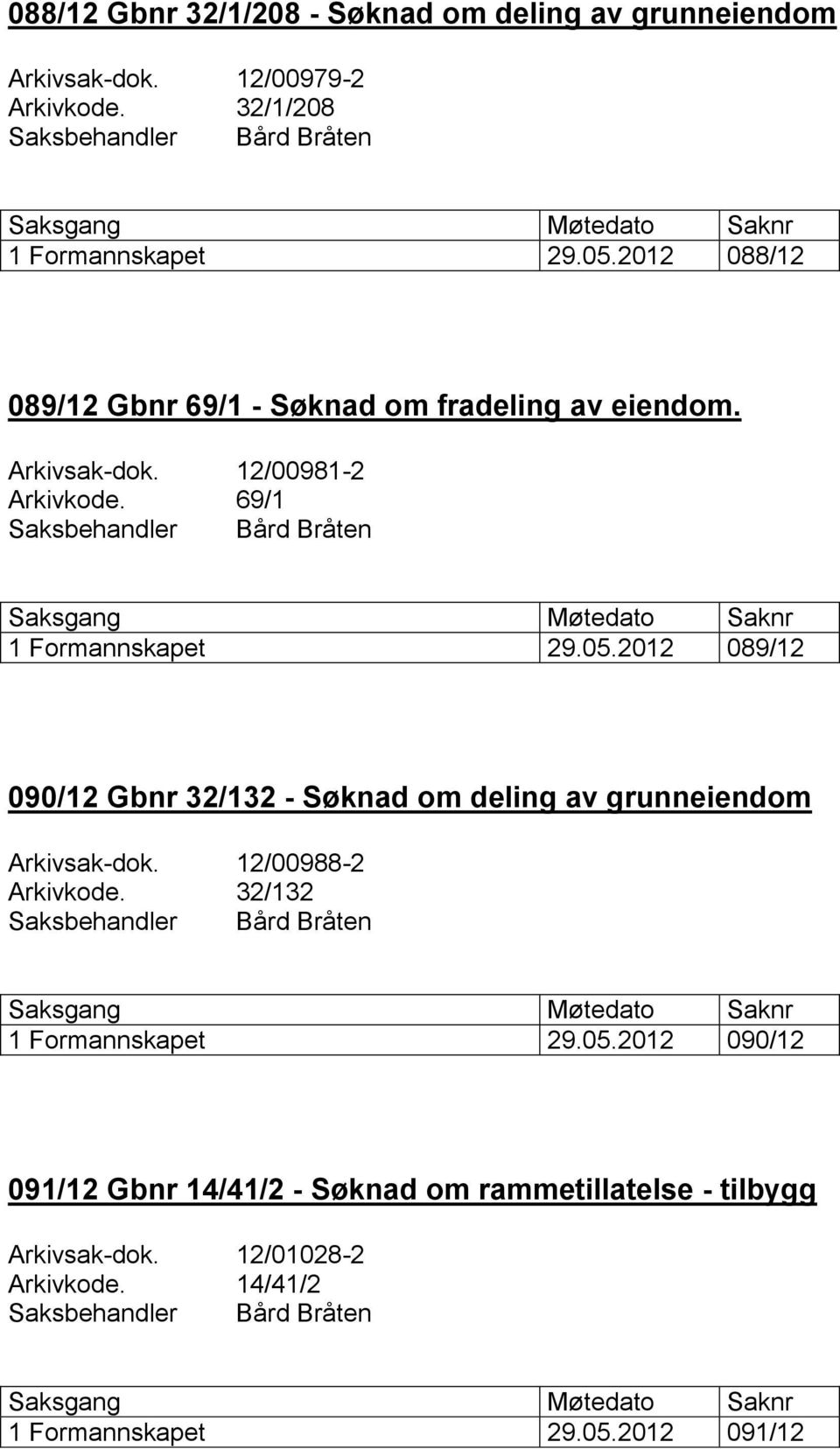 2012 089/12 090/12 Gbnr 32/132 - Søknad om deling av grunneiendom Arkivsak-dok. 12/00988-2 Arkivkode. 32/132 1 Formannskapet 29.05.