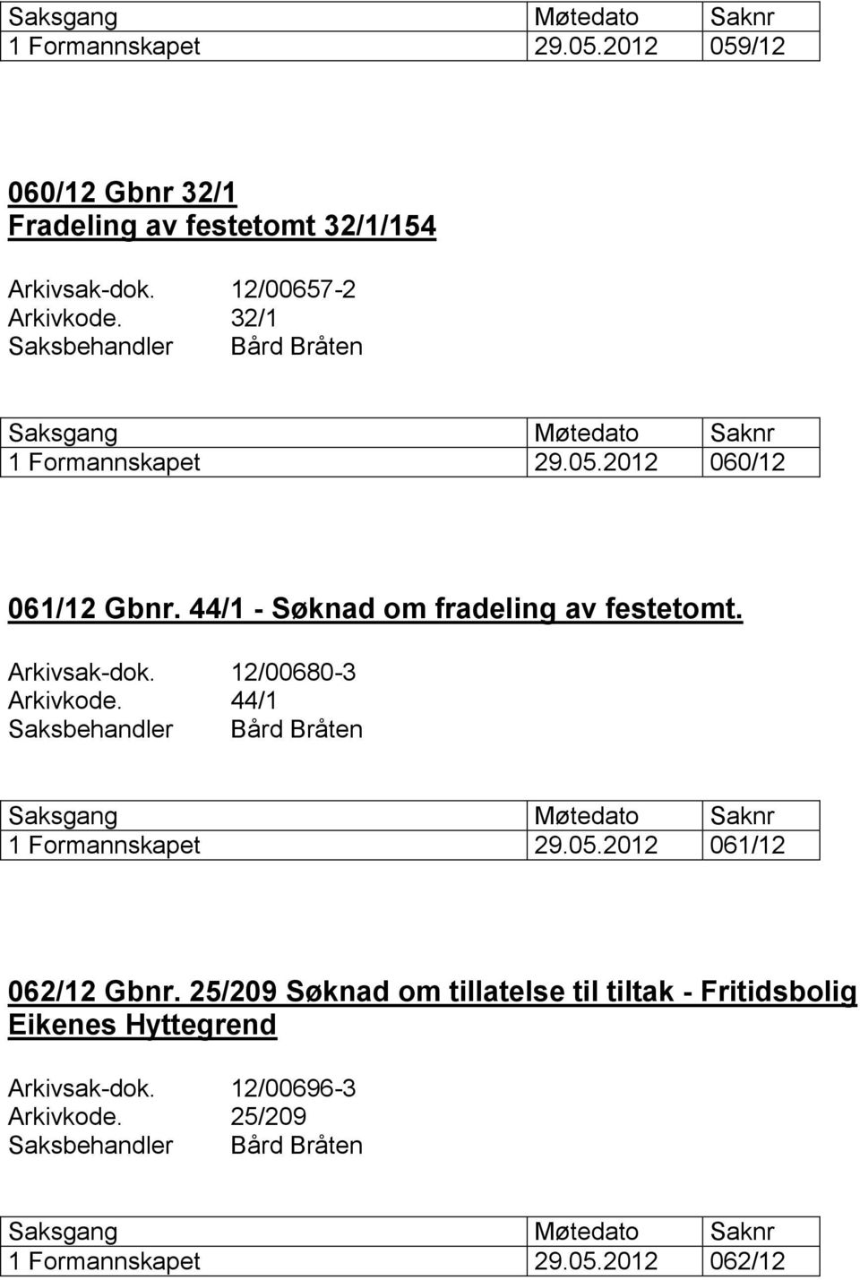 44/1 - Søknad om fradeling av festetomt. Arkivsak-dok. 12/00680-3 Arkivkode. 44/1 1 Formannskapet 29.05.