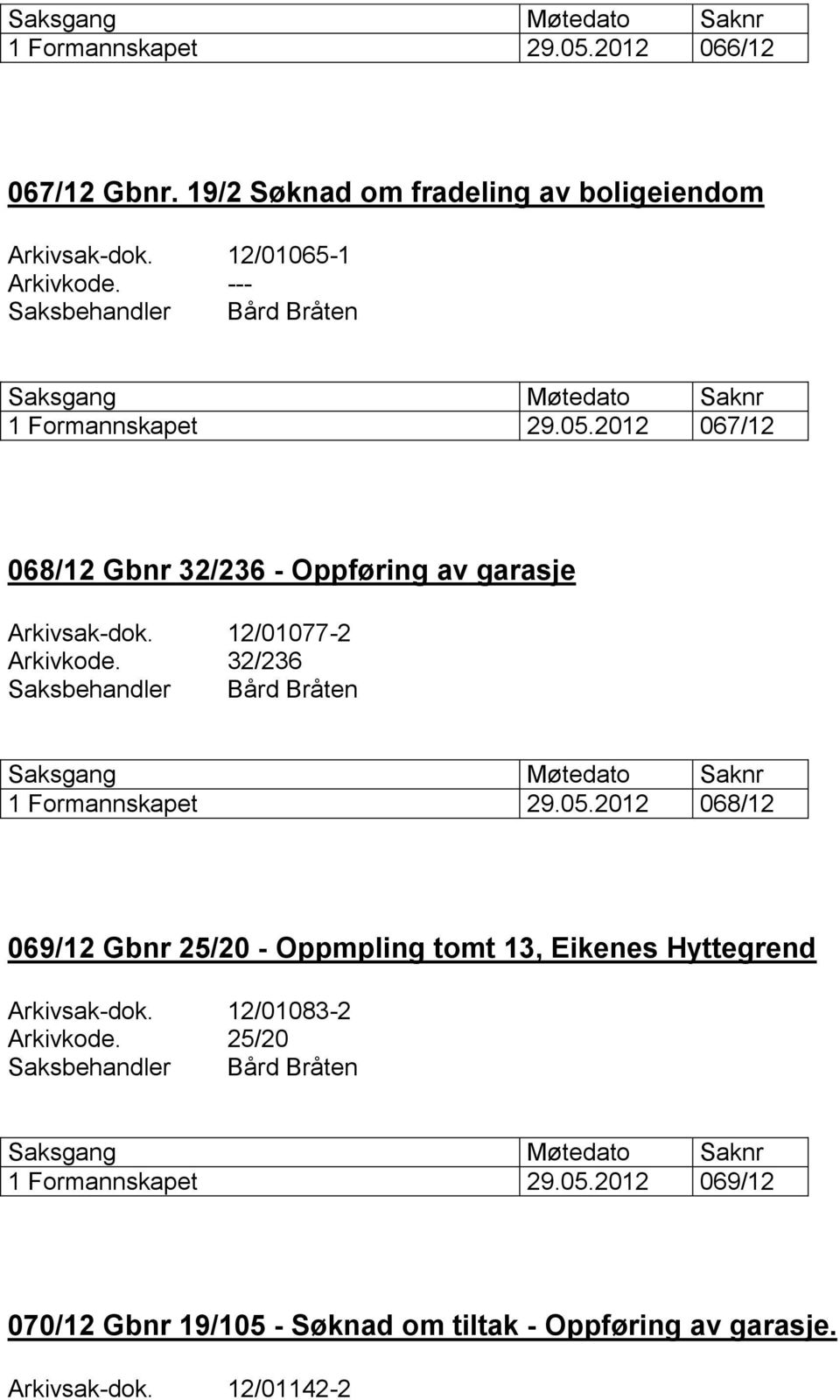 32/236 1 Formannskapet 29.05.2012 068/12 069/12 Gbnr 25/20 - Oppmpling tomt 13, Eikenes Hyttegrend Arkivsak-dok.