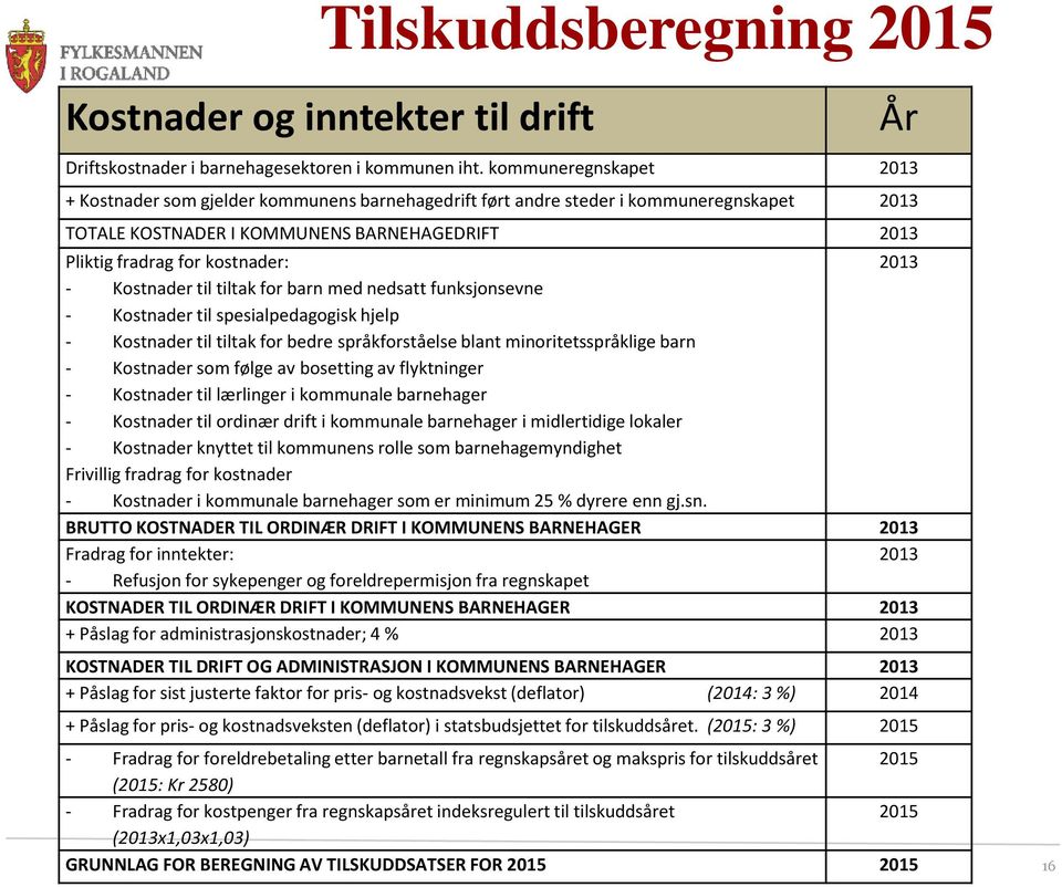 - Kostnader til tiltak for barn med nedsatt funksjonsevne - Kostnader til spesialpedagogisk hjelp - Kostnader til tiltak for bedre språkforståelse blant minoritetsspråklige barn - Kostnader som følge