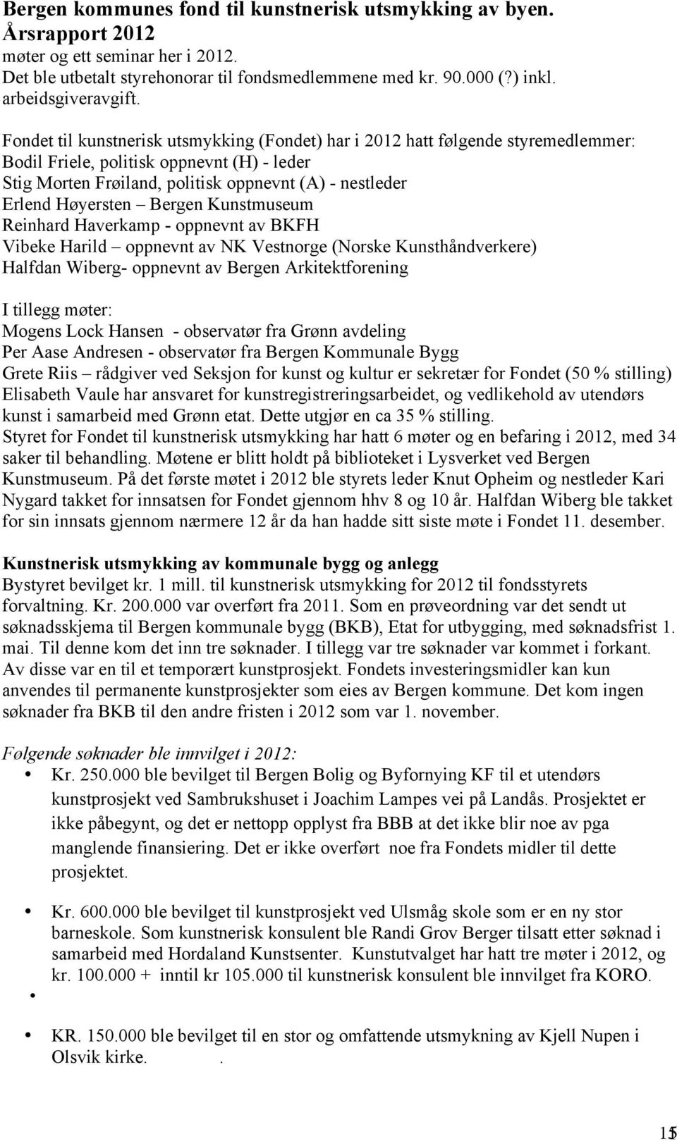 Høyersten Bergen Kunstmuseum Reinhard Haverkamp - oppnevnt av BKFH Vibeke Harild oppnevnt av NK Vestnorge (Norske Kunsthåndverkere) Halfdan Wiberg- oppnevnt av Bergen Arkitektforening I tillegg