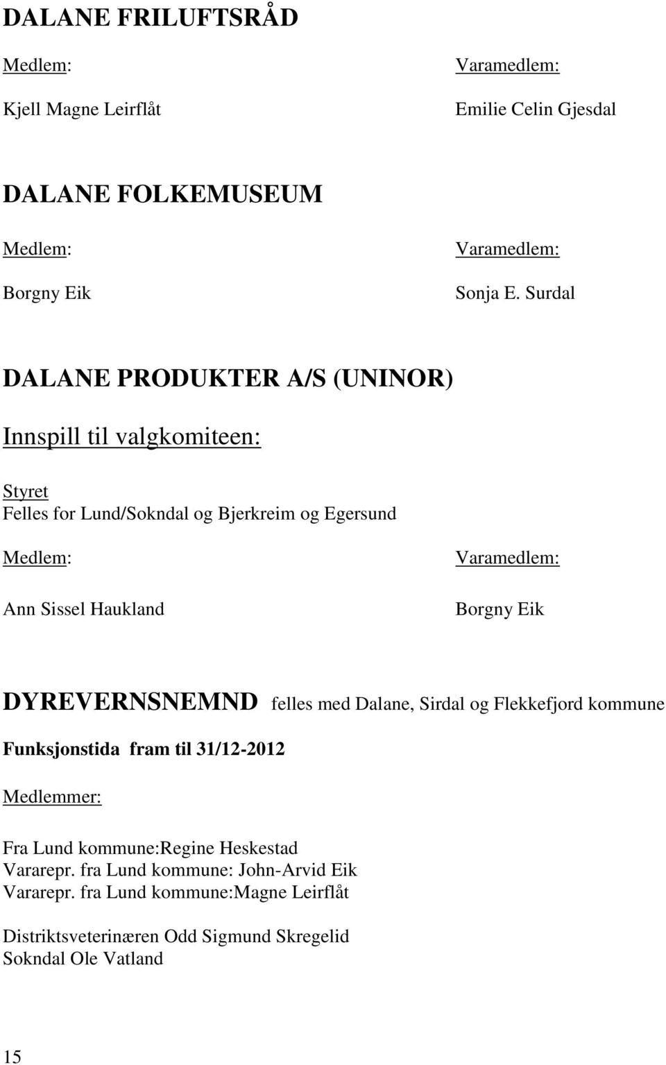 Varamedlem: Borgny Eik DYREVERNSNEMND felles med Dalane, Sirdal og Flekkefjord kommune Funksjonstida fram til 31/12-2012 Fra Lund