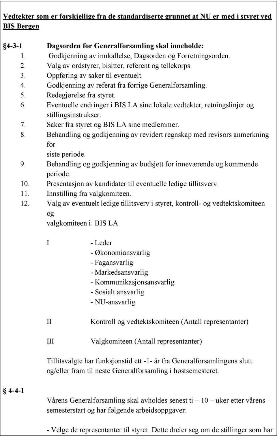 Godkjenning av referat fra forrige Generalforsamling. 5. Redegjørelse fra styret. 6. Eventuelle endringer i BIS LA sine lokale vedtekter, retningslinjer og stillingsinstrukser. 7.