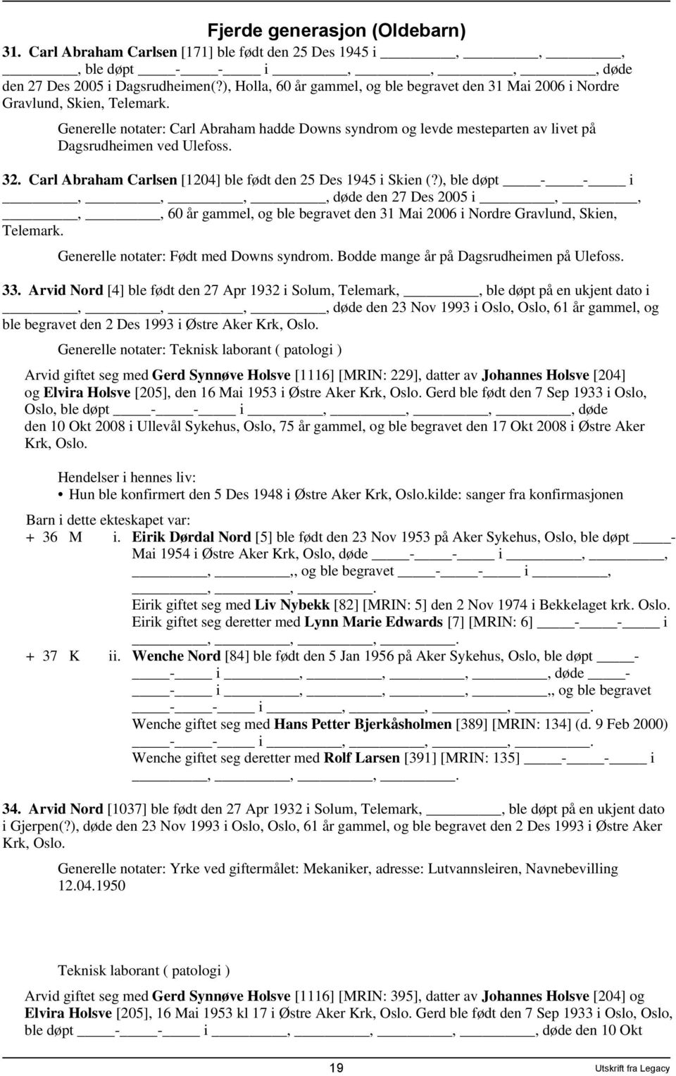 Generelle notater: Carl Abraham hadde Downs syndrom og levde mesteparten av livet på Dagsrudheimen ved Ulefoss. 32. Carl Abraham Carlsen [1204] ble født den 25 Des 1945 i Skien (?