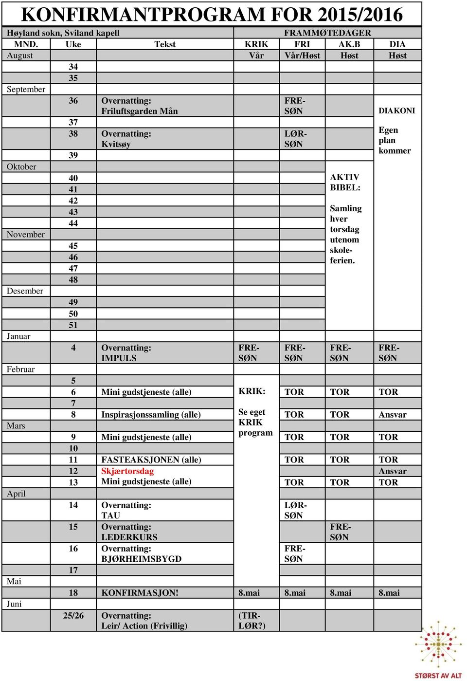 Mai Juni 40 41 42 43 44 45 46 47 48 49 50 51 4 Overnatting: IMPULS AKTIV BIBEL: Samling hver torsdag utenom skoleferien.