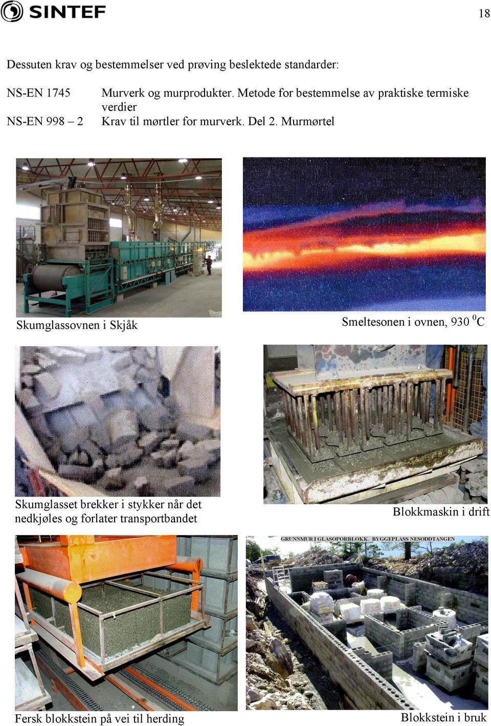 Murmørtel Skumglassovnen i Skjåk Smeltesonen i ovnen, 930 0 C Skumglasset brekker i stykker når det