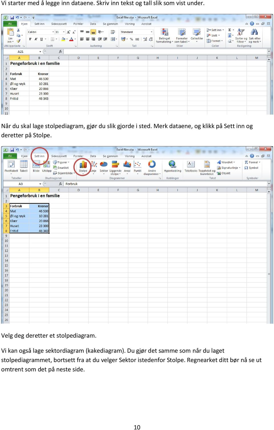 Merk dataene, og klikk på Sett inn og deretter på Stolpe. Velg deg deretter et stolpediagram.