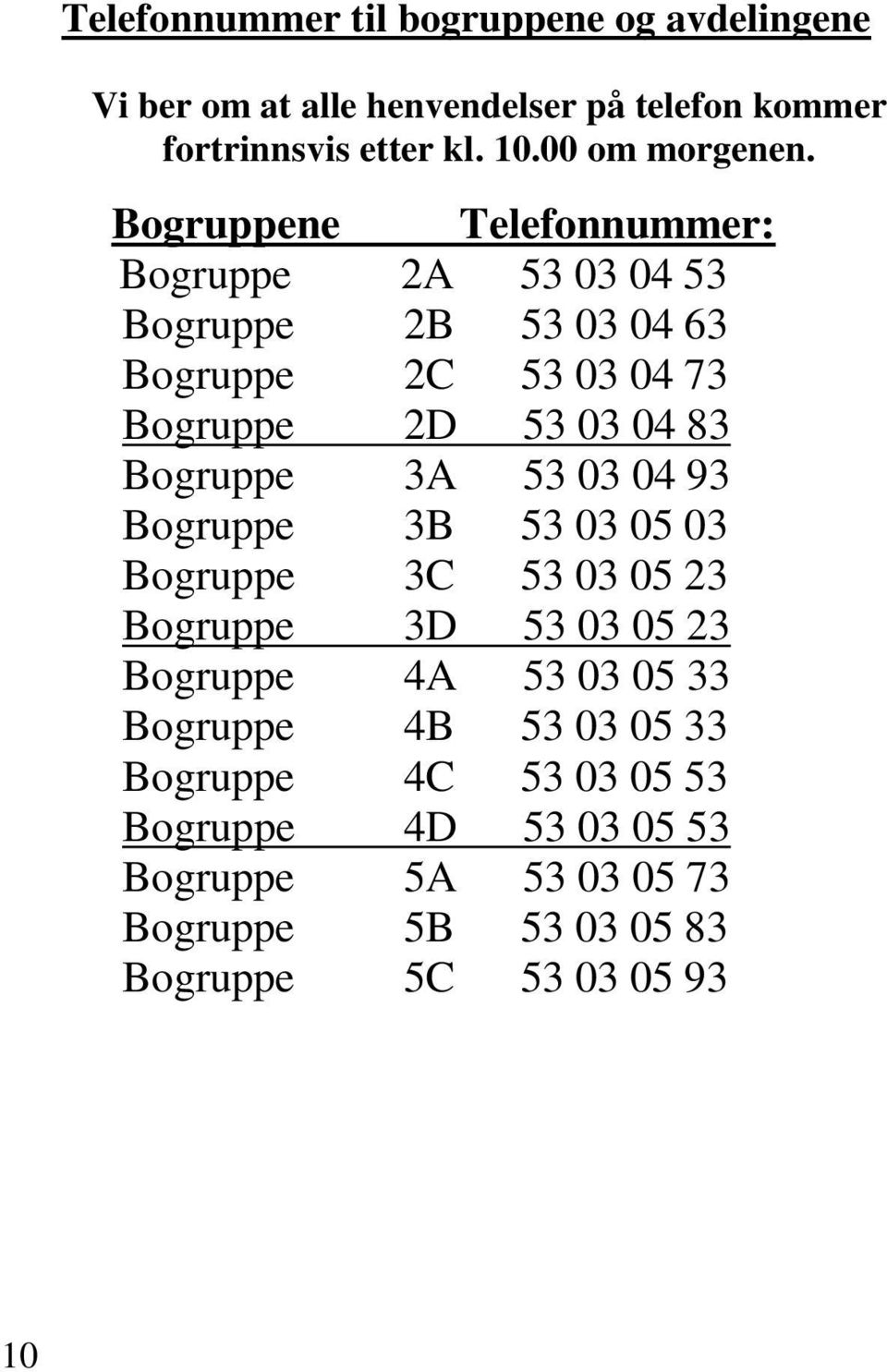 Bogruppene Telefonnummer: Bogruppe 2A 53 03 04 53 Bogruppe 2B 53 03 04 63 Bogruppe 2C 53 03 04 73 Bogruppe 2D 53 03 04 83 Bogruppe