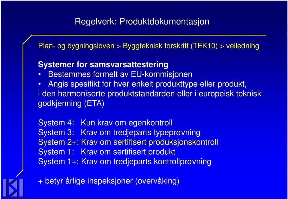 europeisk teknisk godkjenning (ETA) System 4: Kun krav om egenkontroll System 3: Krav om tredjeparts typeprøvning System 2+: Krav om