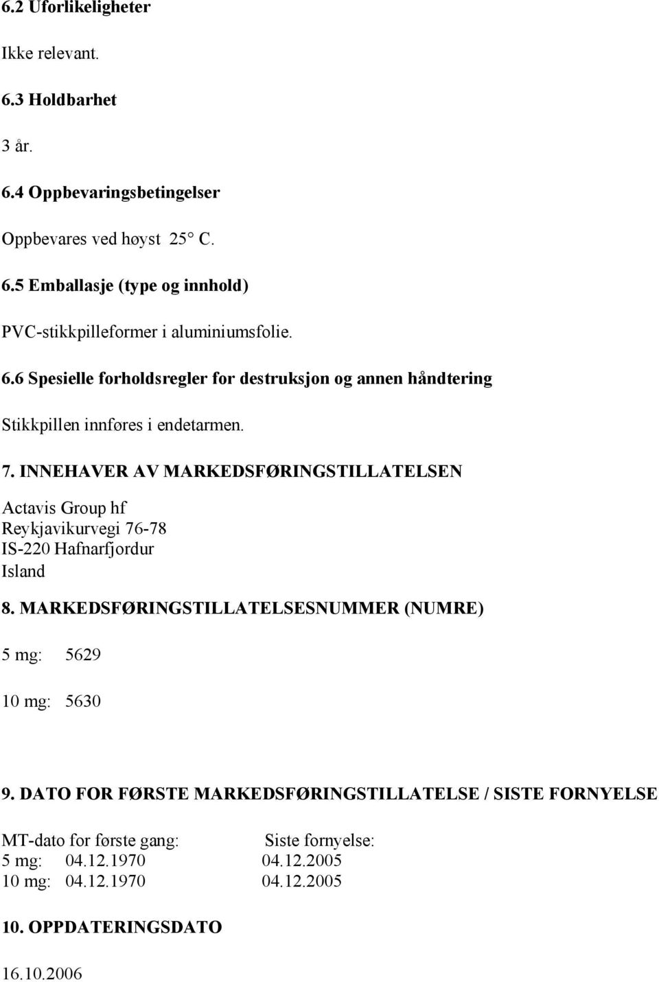 INNEHAVER AV MARKEDSFØRINGSTILLATELSEN Actavis Group hf Reykjavikurvegi 76-78 IS-220 Hafnarfjordur Island 8.