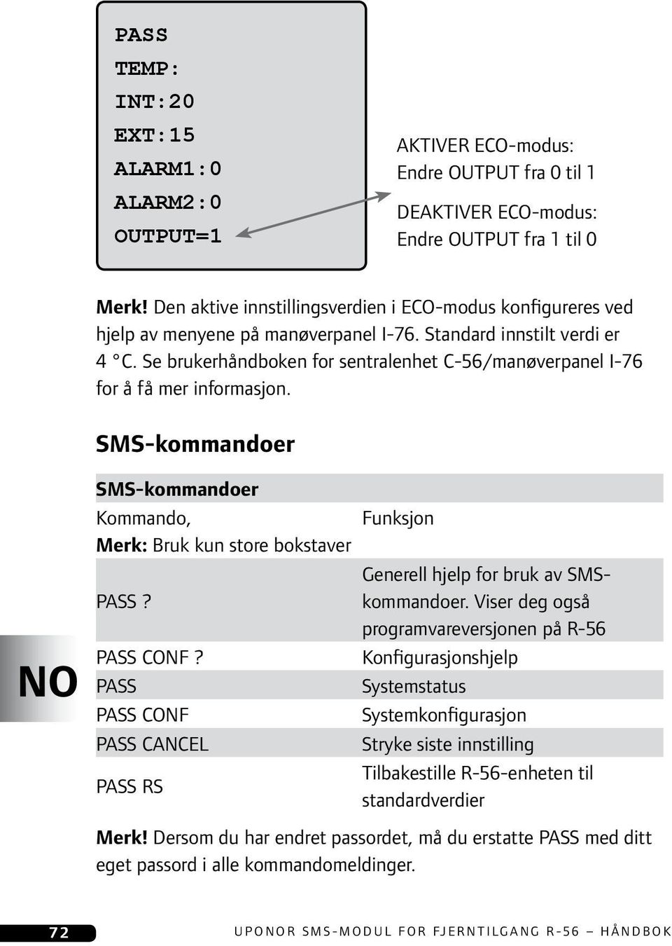 Se brukerhåndboken for sentralenhet C-56/manøverpanel I-76 for å få mer informasjon. SMS-kommandoer SMS-kommandoer Kommando, Merk: Bruk kun store bokstaver PASS? PASS CONF?