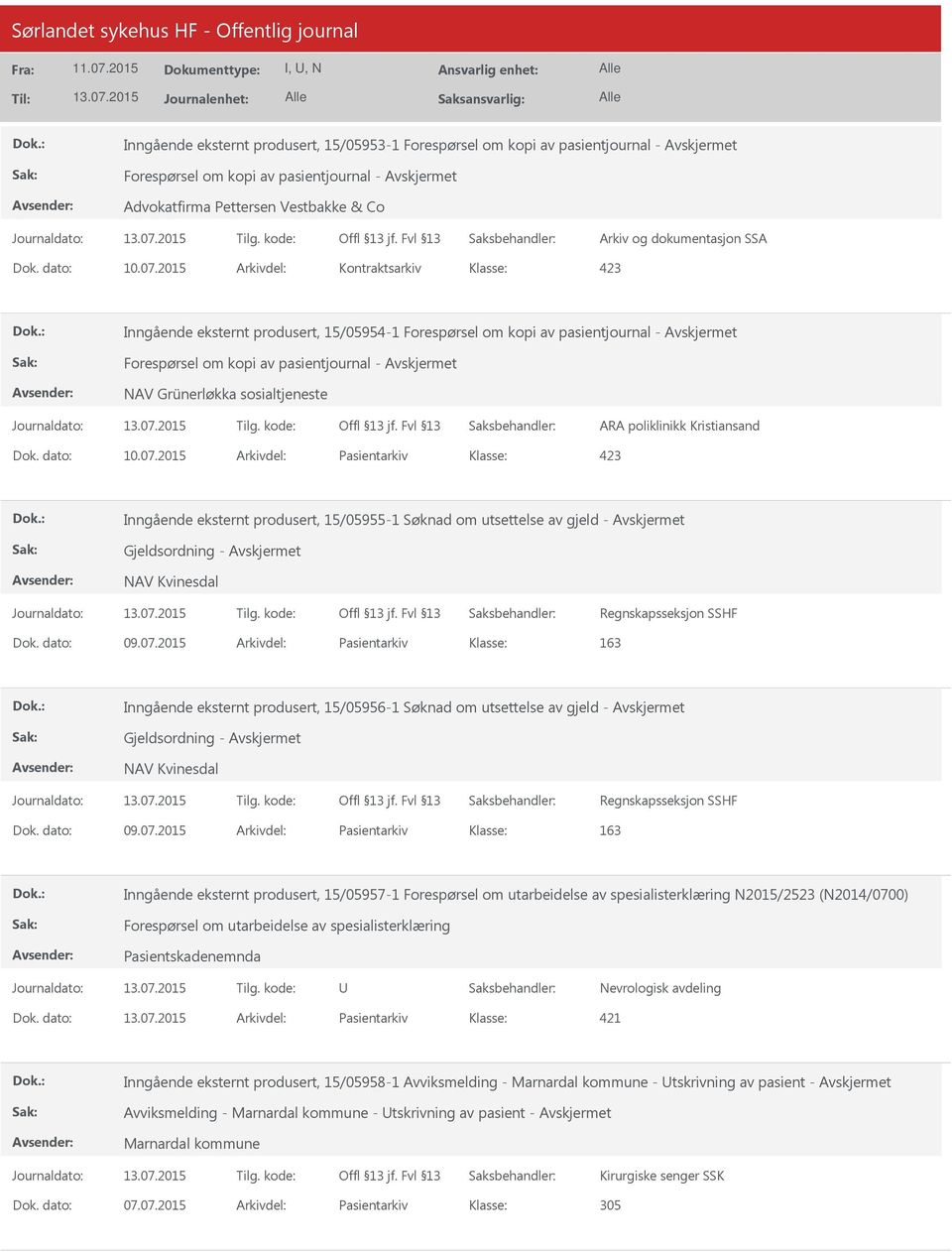 2015 Arkivdel: Kontraktsarkiv Inngående eksternt produsert, 15/05954-1 Forespørsel om kopi av pasientjournal - Forespørsel om kopi av pasientjournal - NAV Grünerløkka sosialtjeneste ARA poliklinikk