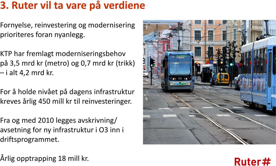 For å holde nivået på dagens infrastruktur kreves årlig 450 mill kr til reinvesteringer.