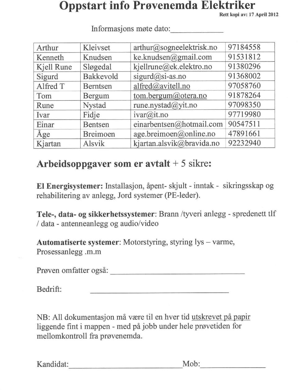 no 91878264 Rune Nystad rune.nystad@yit.no 97098350 Ivar Fidje ivar@it.no 97719980 Einar Bentsen einarbentsen@hotmail.com 90547511 Åge Breimoen age.breimoen@online.no 47891661 Kjartan Alsvik kjartan.