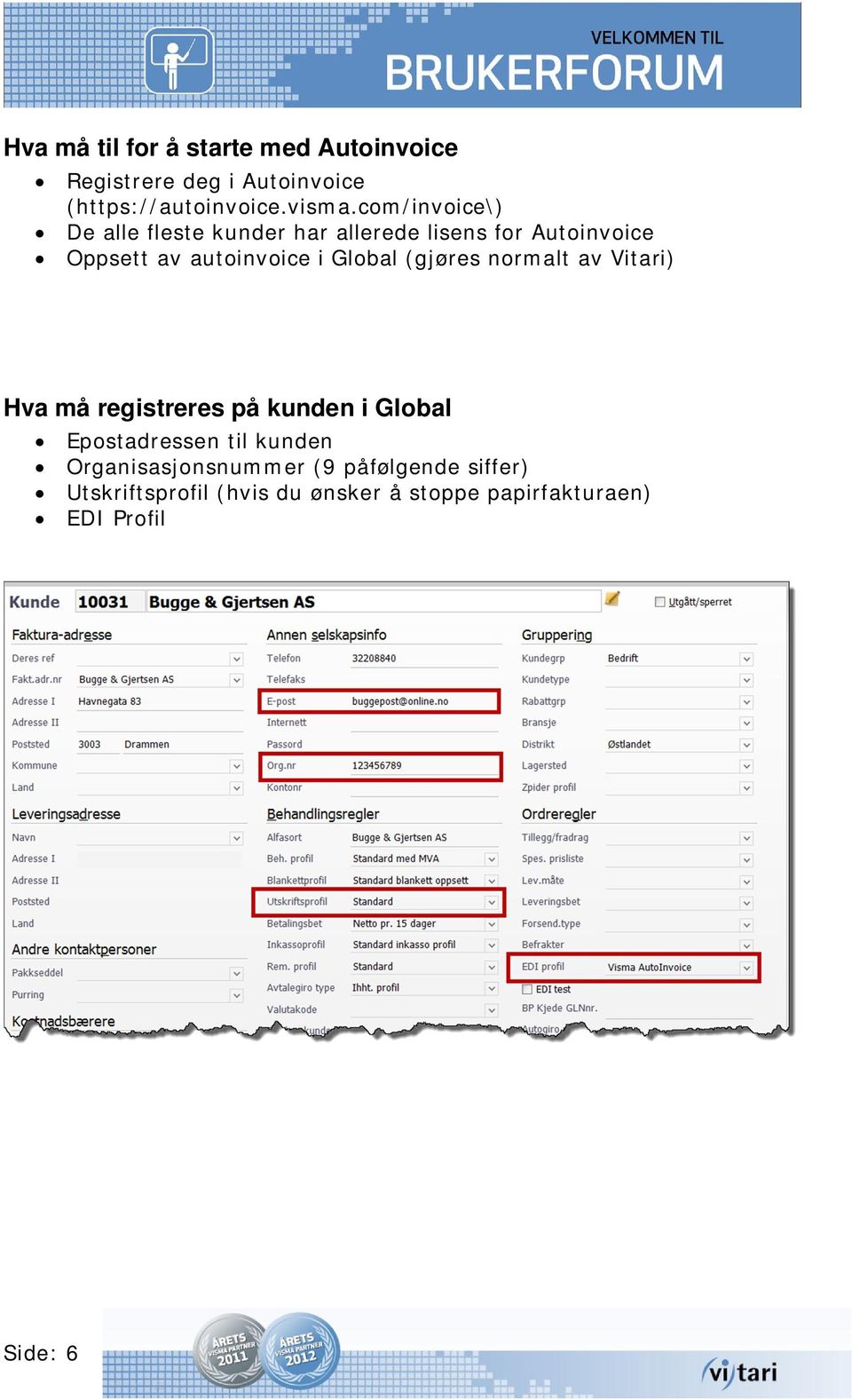 Global (gjøres normalt av Vitari) Hva må registreres på kunden i Global Epostadressen til kunden