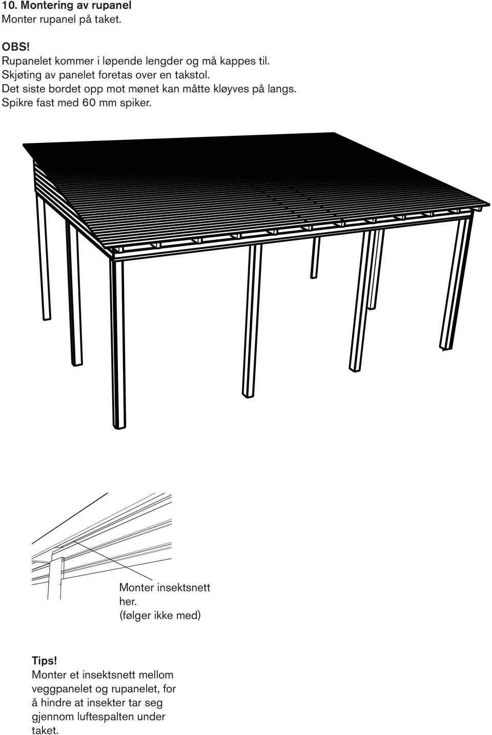 Det siste bordet opp mot mønet kan måtte kløyves på langs. Spikre fast med 60 mm spiker.