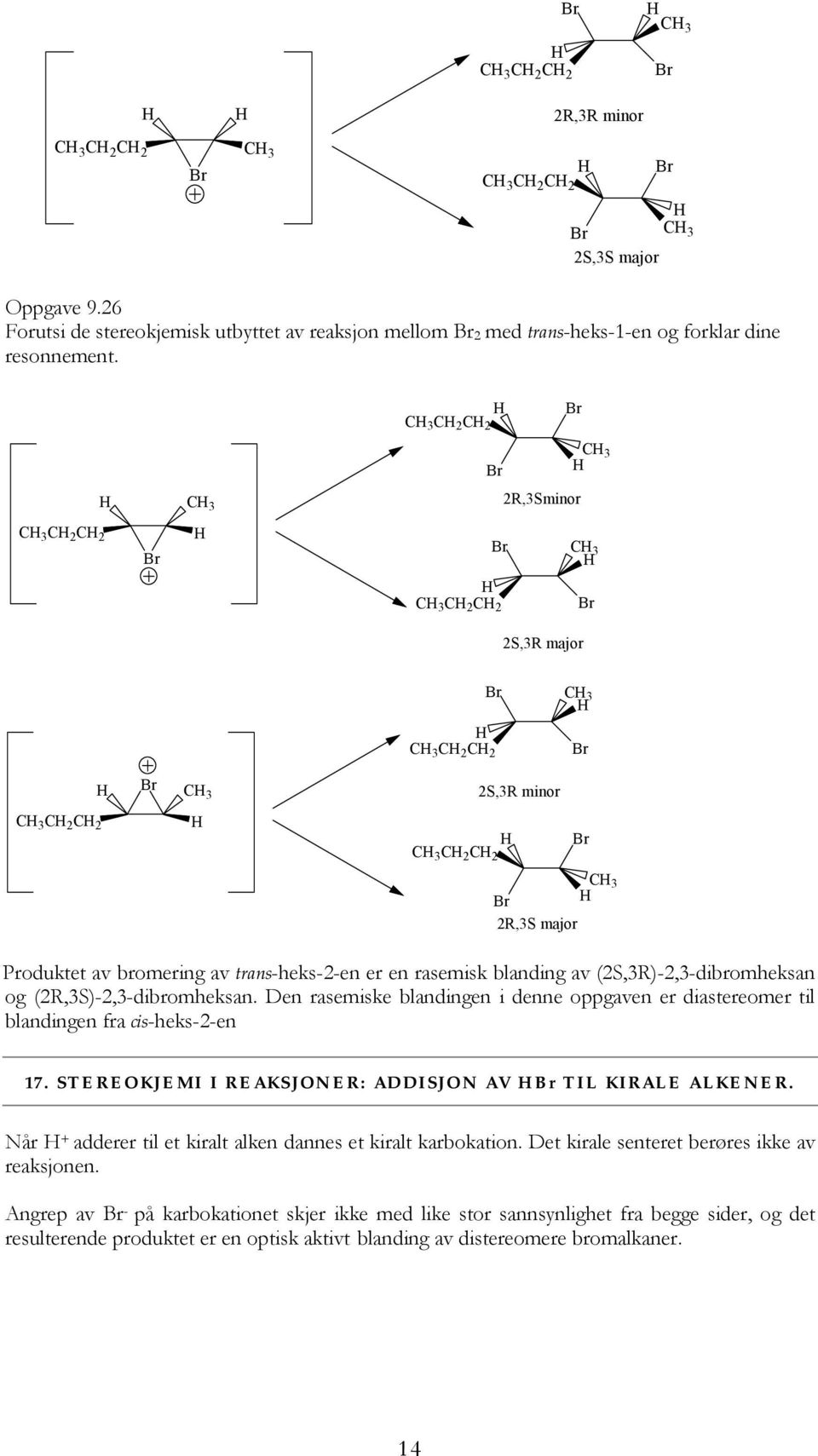 blanding av (2S,3R)-2,3-dibromheksan og (2R,3S)-2,3-dibromheksan. Den rasemiske blandingen i denne oppgaven er diastereomer til blandingen fra cis-heks-2-en 17.