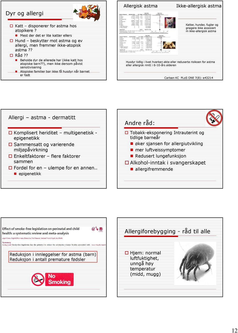 ?), men ikke dersom påvist sensitivisering Atopiske familier bør ikke få husdyr når barnet er født Katter, hunder, fugler og gnagere ikke assosiert m ikke-allergisk astma Husdyr tidlig i livet