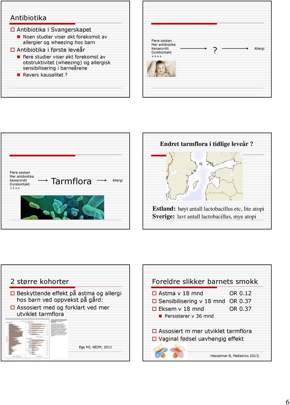 Flere søsken Mer antibiotika Keisersnitt Dyrekontakt ++++ Tarmflora Allergi Sverige Estland Estland: høyt antall lactobacillus etc, lite atopi Sverige: lavt antall lactobacillus, mye atopi 2 større