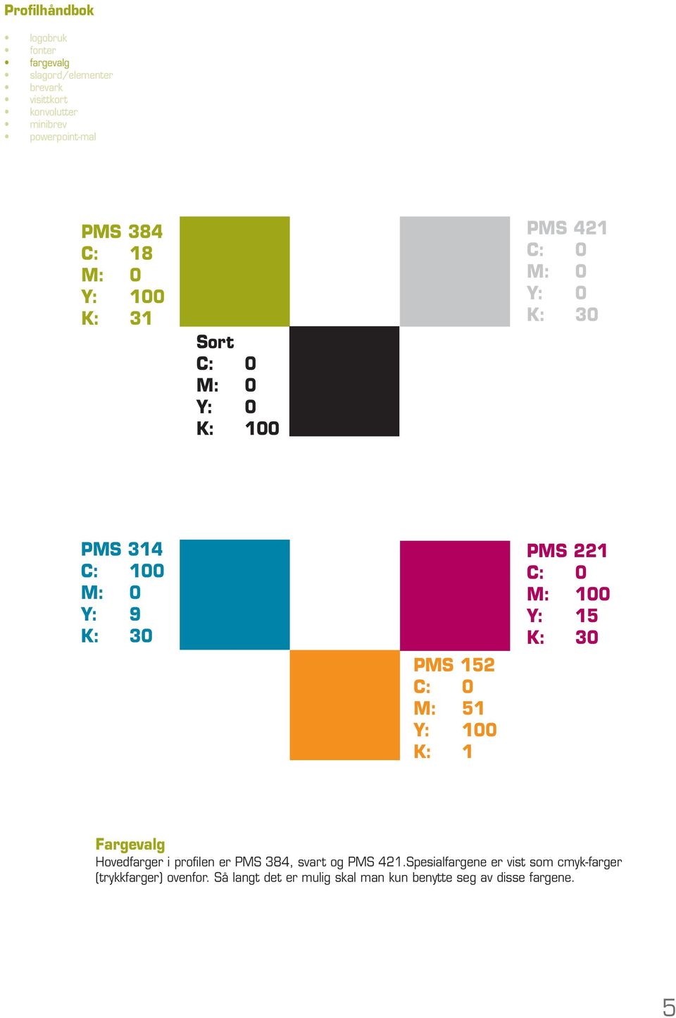 Fargevalg Hovedfarger i profilen er PMS 384, svart og PMS 421.