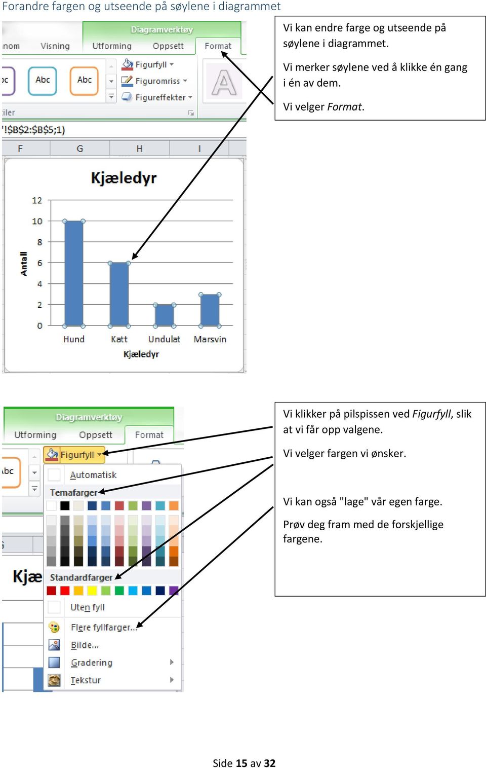 Vi klikker på pilspissen ved Figurfyll, slik at vi får opp valgene.