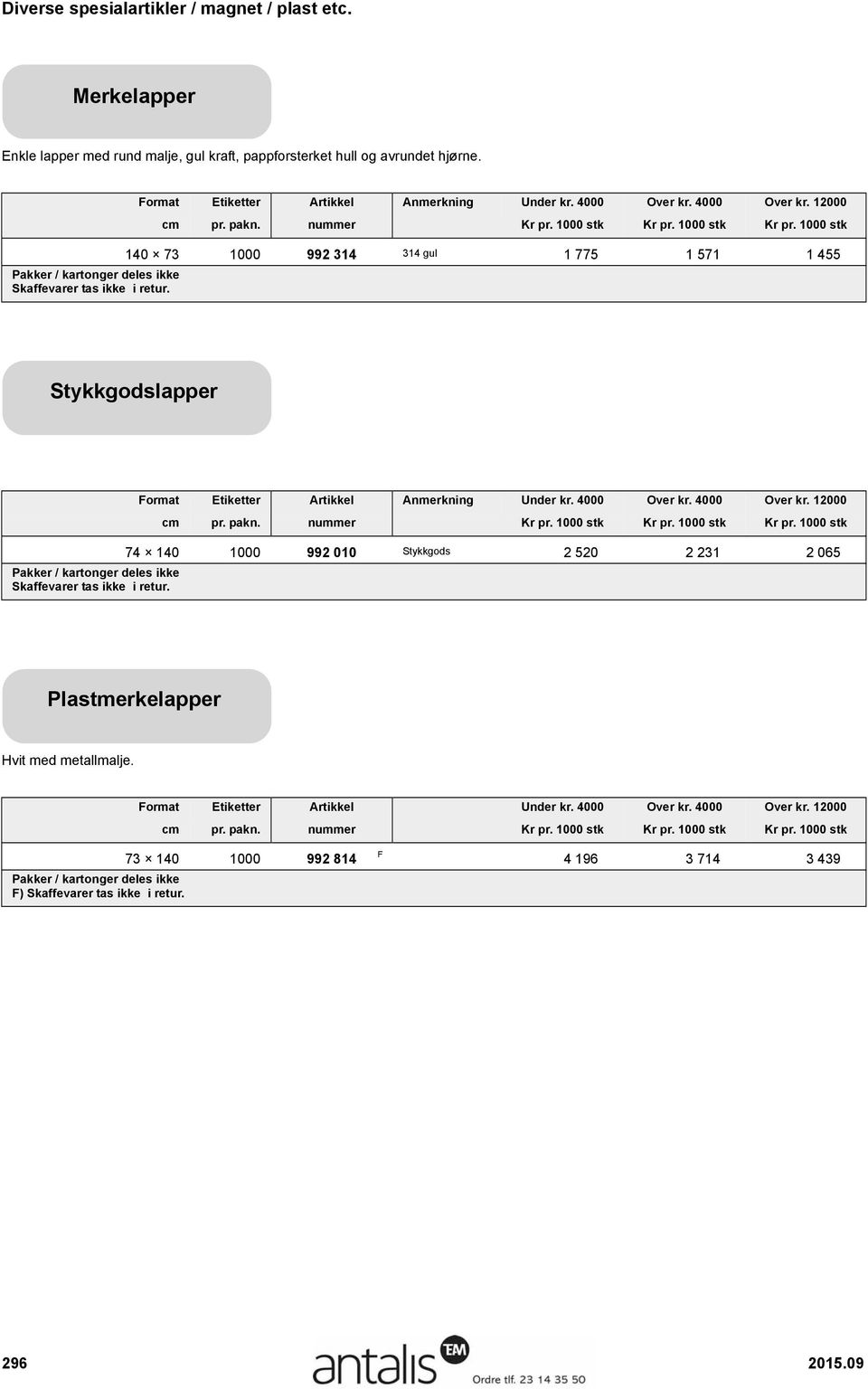 nummer stk stk stk 140 73 1000 992 314 314 gul 1 775 1 571 1 455 Stykkgodslapper ormat Etiketter Artikkel Anmerkning Under kr. 4000 Over kr.