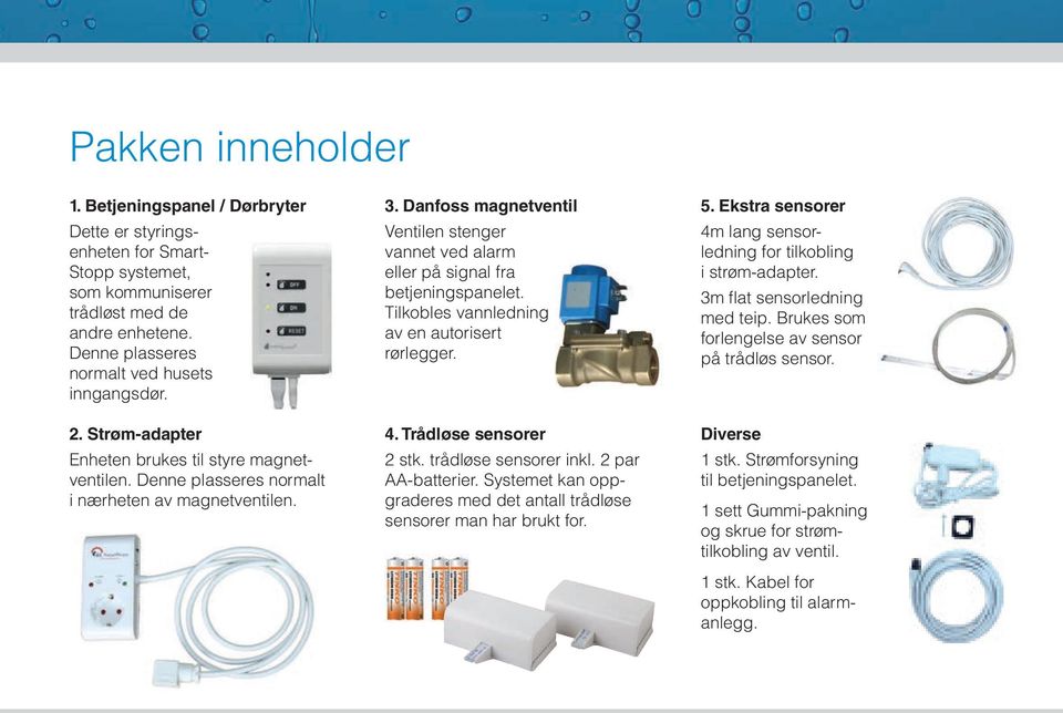 Danfoss magnetventil Ventilen stenger vannet ved alarm eller på signal fra betjeningspanelet. Tilkobles vannledning av en autorisert rørlegger. 4. Trådløse sensorer 2 stk. trådløse sensorer inkl.