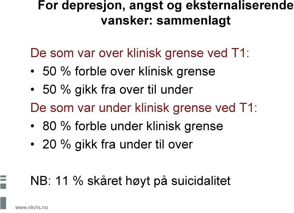 over til under De som var under klinisk grense ved T1: 80 % forble under