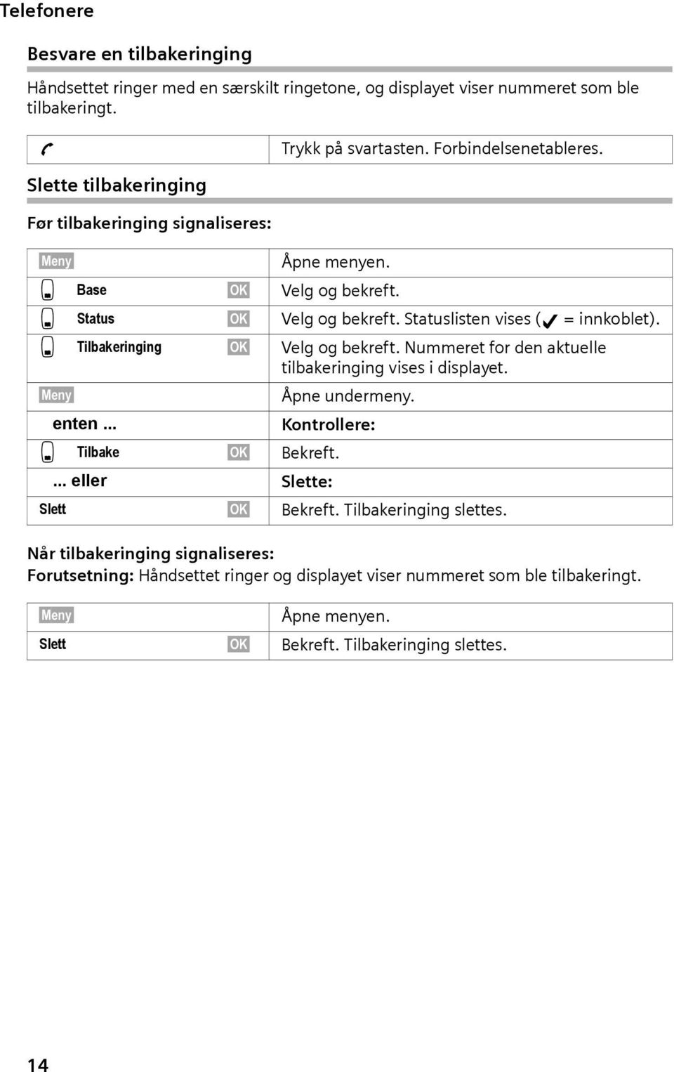 s Tilbakeringing OK Velg og bekreft. Nummeret for den aktuelle tilbakeringing vises i displayet. Åpne undermeny. enten... Kontrollere: s Tilbake OK Bekreft.