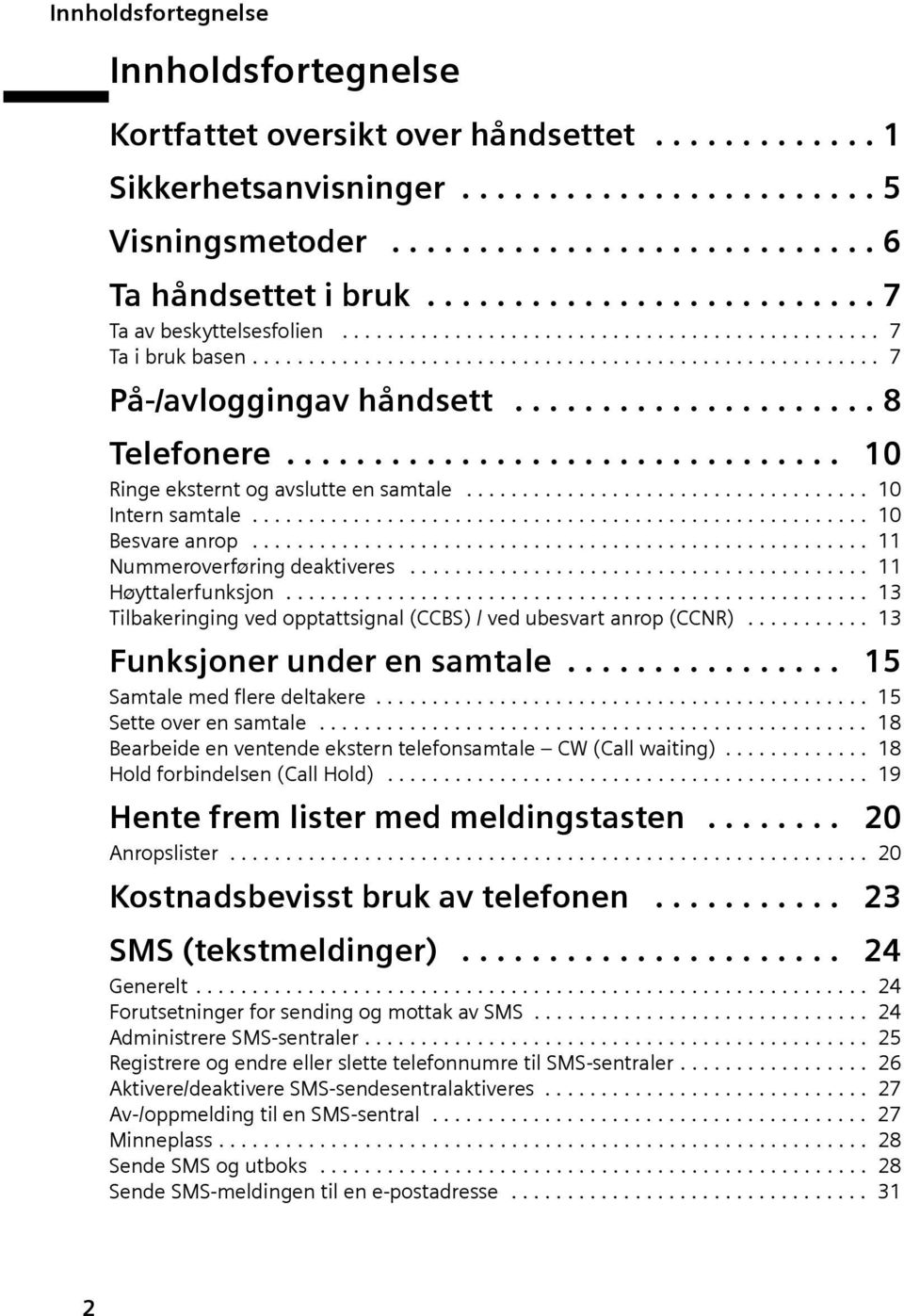 .................... 8 Telefonere................................ 10 Ringe eksternt og avslutte en samtale.................................... 10 Intern samtale....................................................... 10 Besvare anrop.