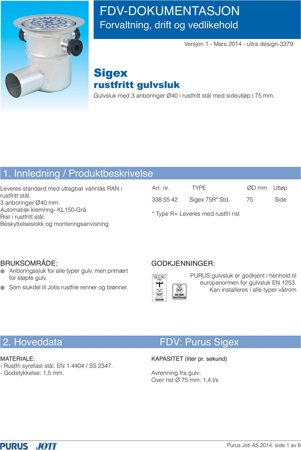 75 Side * Type R= Leveres med rustfri rist BRUKSOMRÅDE: Anboringssluk for alle typer gulv, men primært for støpte gulv. Som slukdel til Jotis rustfrie renner og brønner.