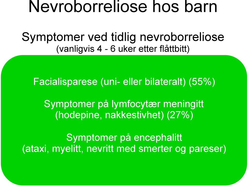 Symptomer på lymfocytær meningitt (hodepine, nakkestivhet) (27%)