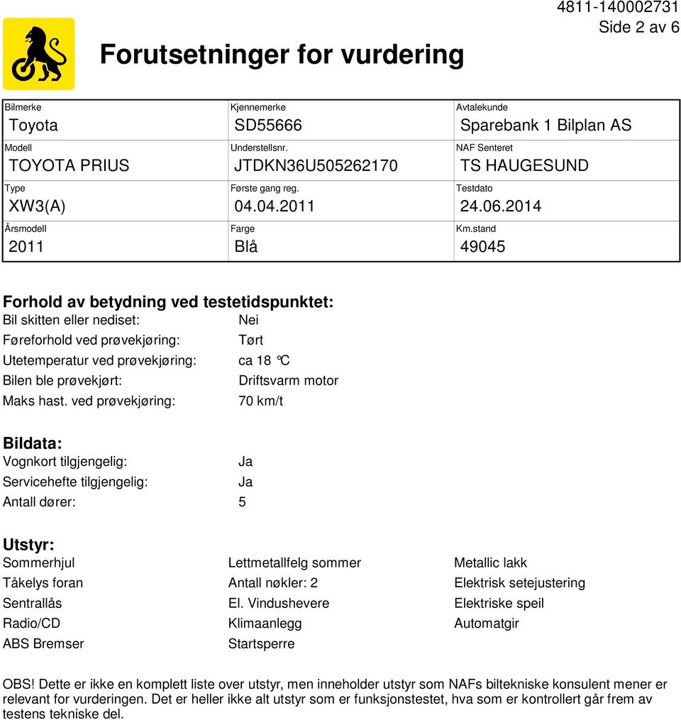 stand 49045 Forhold av betydning ved testetidspunktet: Bil skitten eller nediset: Nei Føreforhold ved prøvekjøring: Tørt Utetemperatur ved prøvekjøring: ca 18 C Bilen ble prøvekjørt: Maks hast.