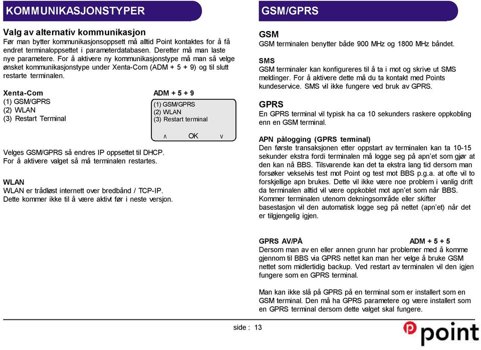 Xenta-Com ADM + 5 + 9 (1) GSM/GPRS (1) GSM/GPRS (2) WLAN (2) WLAN (3) Restart Terminal (3) Restart terminal Velges GSM/GPRS så endres IP oppsettet til DHCP.