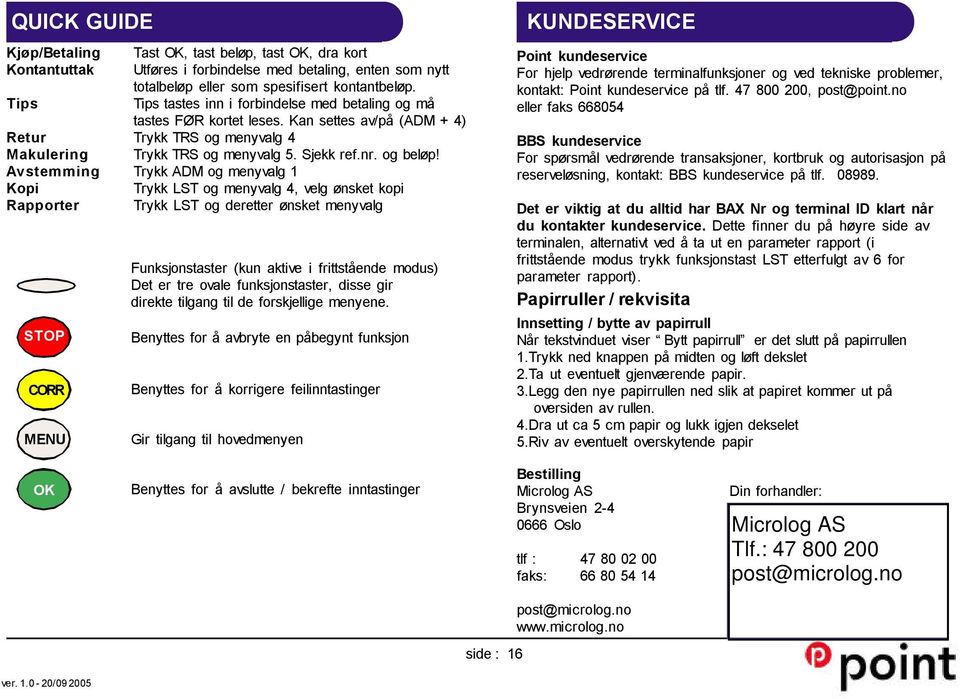 Avstemming Trykk ADM og menyvalg 1 Kopi Trykk LST og menyvalg 4, velg ønsket kopi Rapporter Trykk LST og deretter ønsket menyvalg STOP CORR MENU Funksjonstaster (kun aktive i frittstående modus) Det