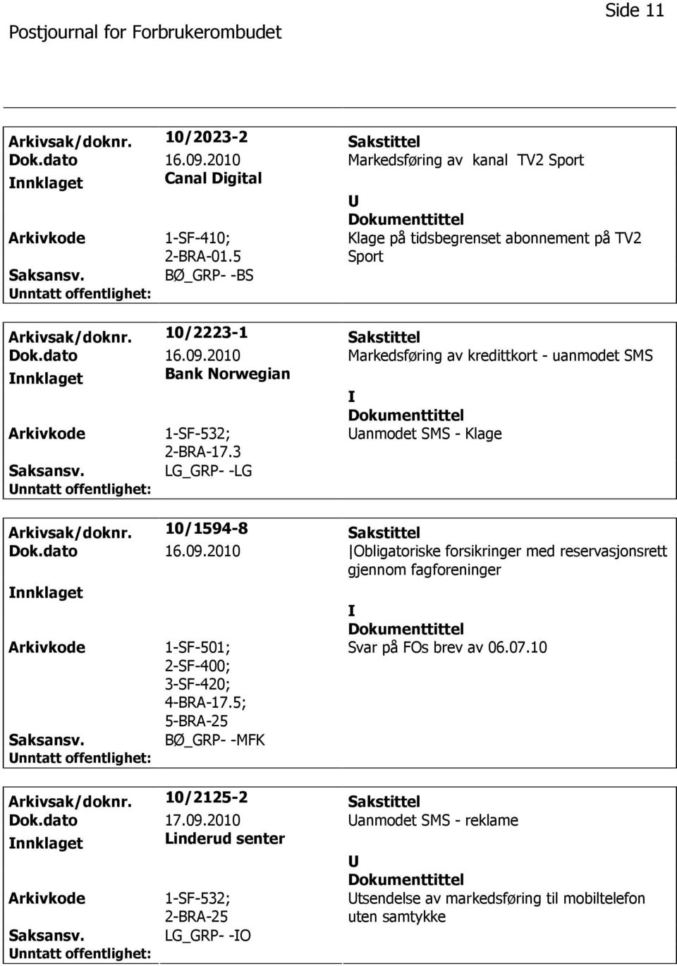 2010 Markedsføring av kredittkort - uanmodet SMS nnklaget Bank Norwegian 1-SF-532; 2-BRA-17.3 anmodet SMS - Klage LG_GRP- -LG Arkivsak/doknr. 10/1594-8 Sakstittel Dok.dato 16.09.