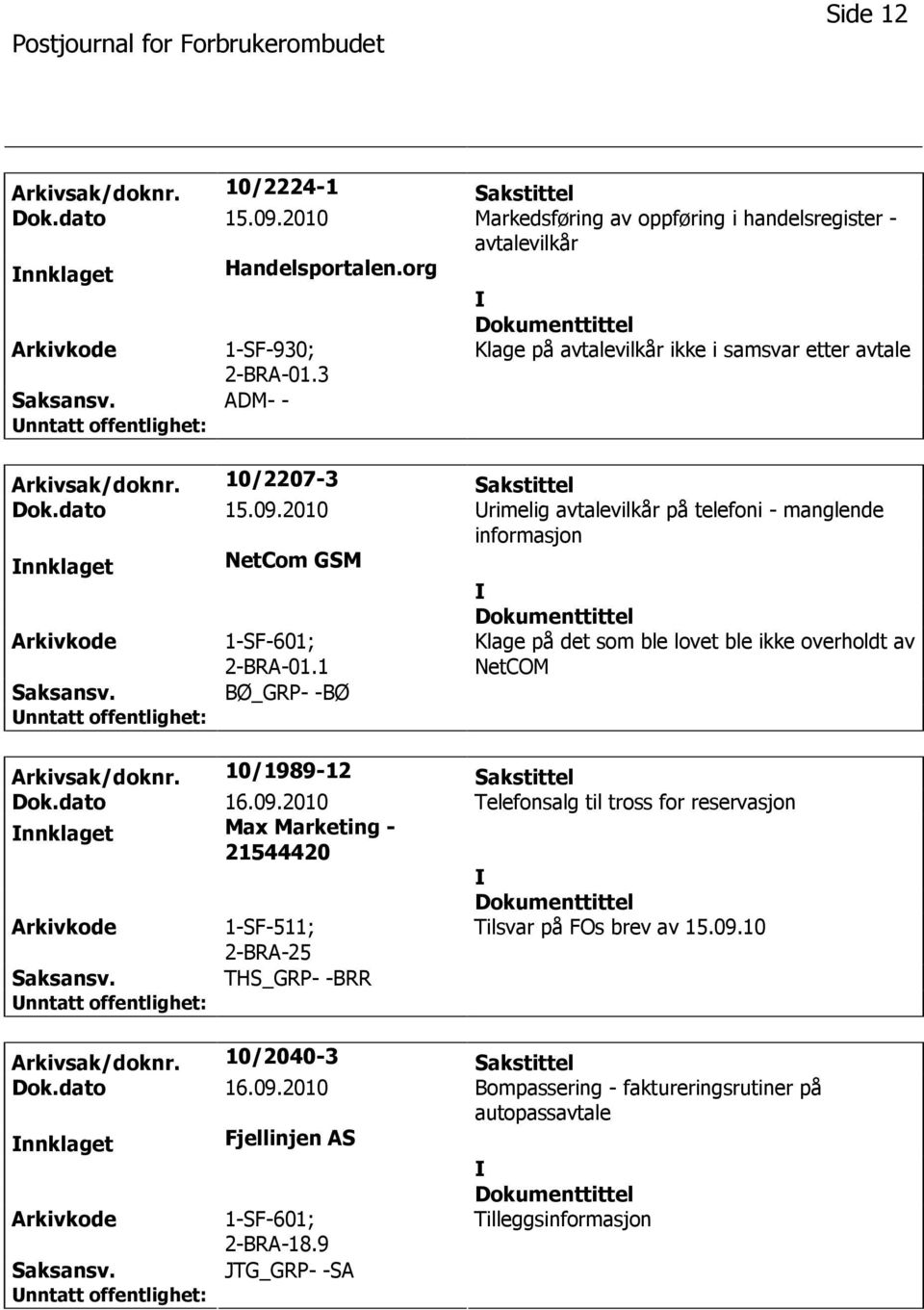 2010 rimelig avtalevilkår på telefoni - manglende informasjon nnklaget NetCom GSM 1-SF-601; 2-BRA-01.1 BØ_GRP- -BØ Klage på det som ble lovet ble ikke overholdt av NetCOM Arkivsak/doknr.