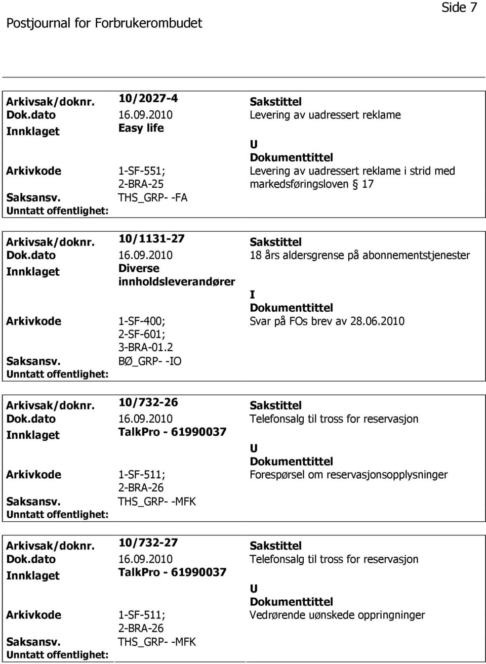 10/1131-27 Sakstittel Dok.dato 16.09.2010 18 års aldersgrense på abonnementstjenester nnklaget Diverse innholdsleverandører 1-SF-400; 2-SF-601; 3-BRA-01.2 Svar på FOs brev av 28.06.