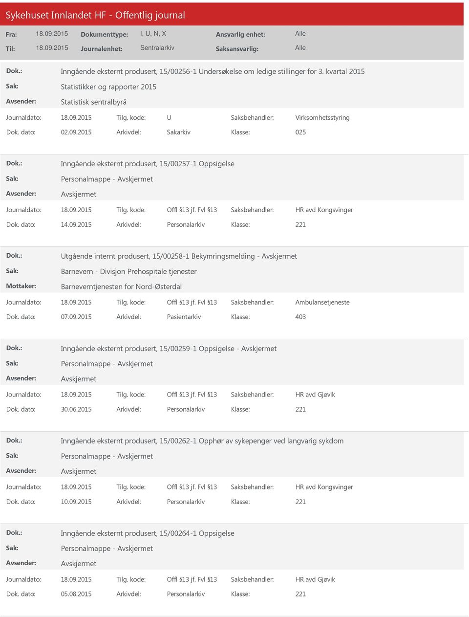 2015 Arkivdel: Personalarkiv Utgående internt produsert, 15/00258-1 Bekymringsmelding - Barnevern - Divisjon Prehospitale tjenester Barneverntjenesten for Nord-Østerdal Ambulansetjeneste Dok.