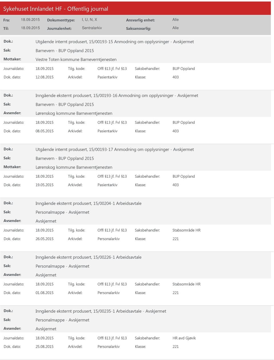 2015 Arkivdel: Pasientarkiv Utgående internt produsert, 15/00193-17 Anmodning om opplysninger - Lørenskog kommune Barneverntjenesten Dok. dato: 19.05.