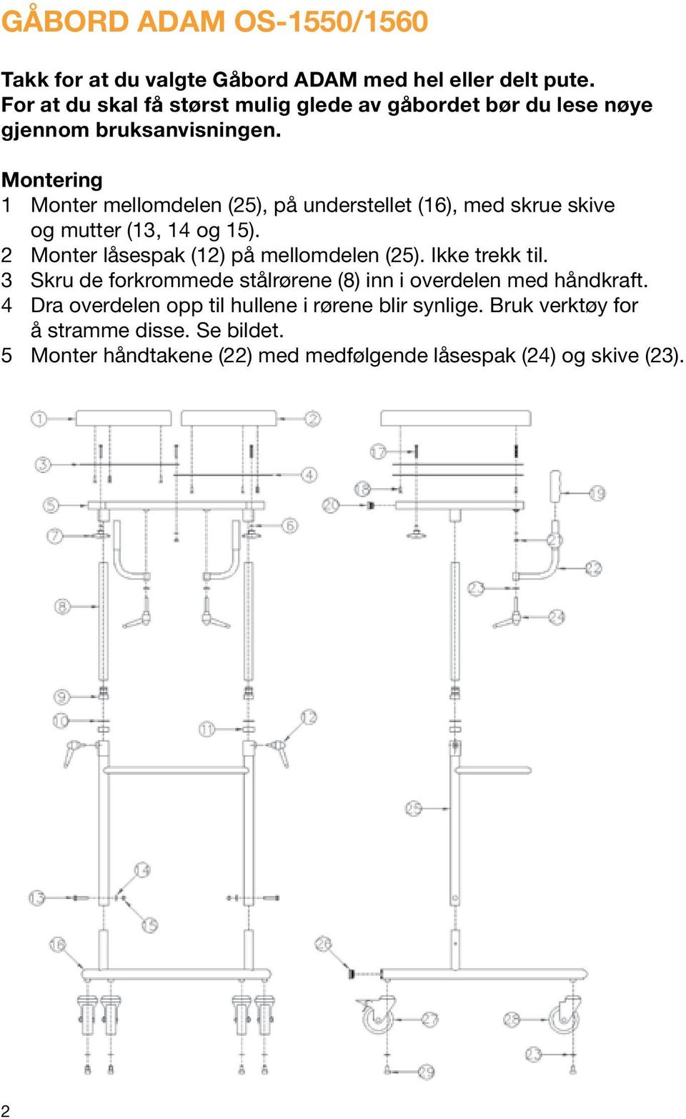 Montering 1 Monter mellomdelen (25), på understellet (16), med skrue skive og mutter (13, 14 og 15). 2 Monter låsespak (12) på mellomdelen (25).