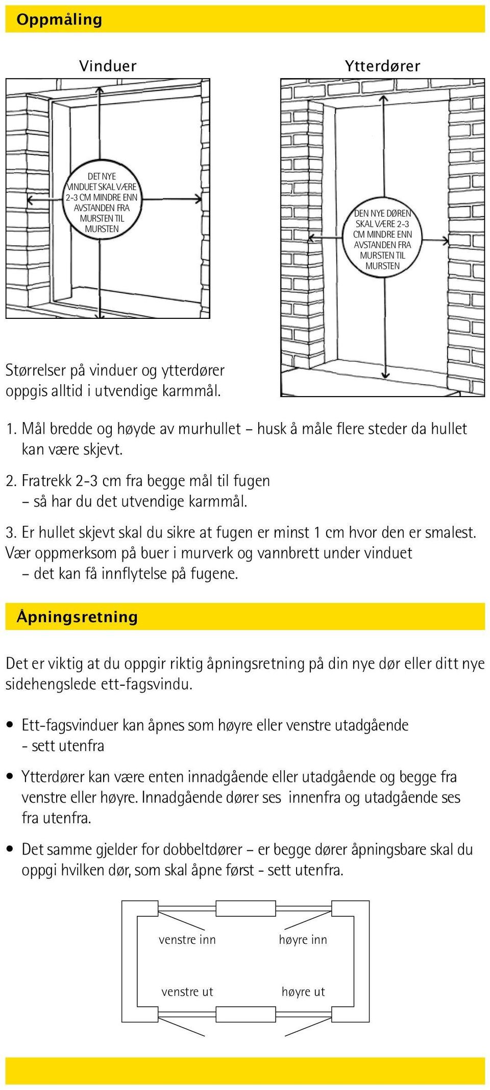 Fratrekk 2-3 cm fra begge mål til fugen så har du det utvendige karmmål. 3. Er hullet skjevt skal du sikre at fugen er minst 1 cm hvor den er smalest.