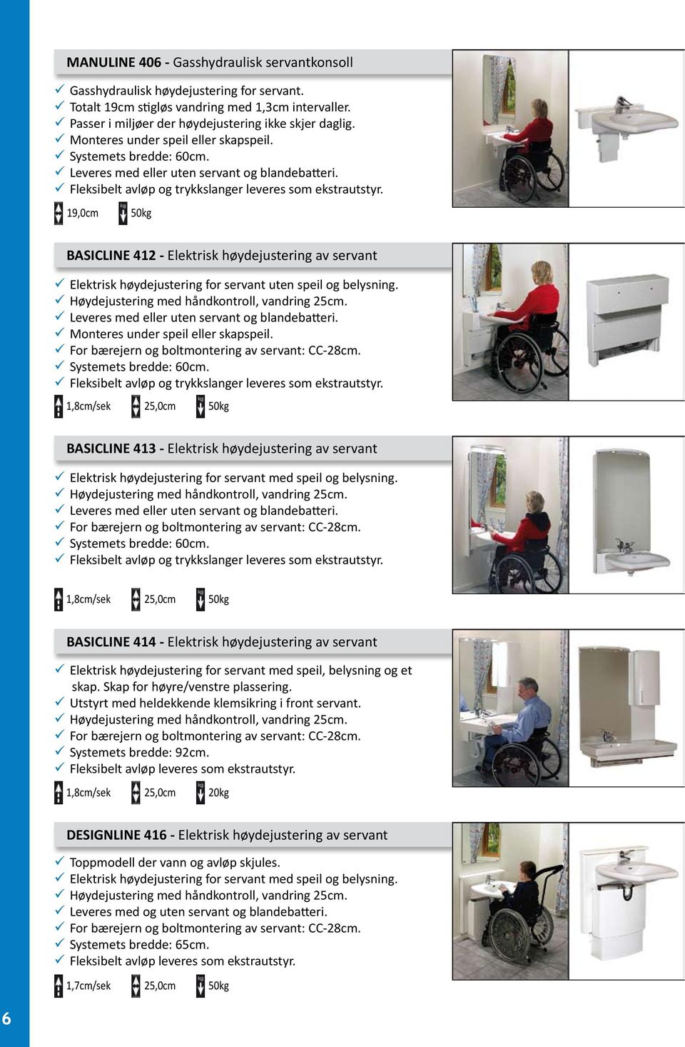 19,0cm 50kg BASICLINE 412 - Elektrisk høydejustering av servant Elektrisk høydejustering for servant uten speil og belysning. Høydejustering med håndkontroll, vandring 25cm.