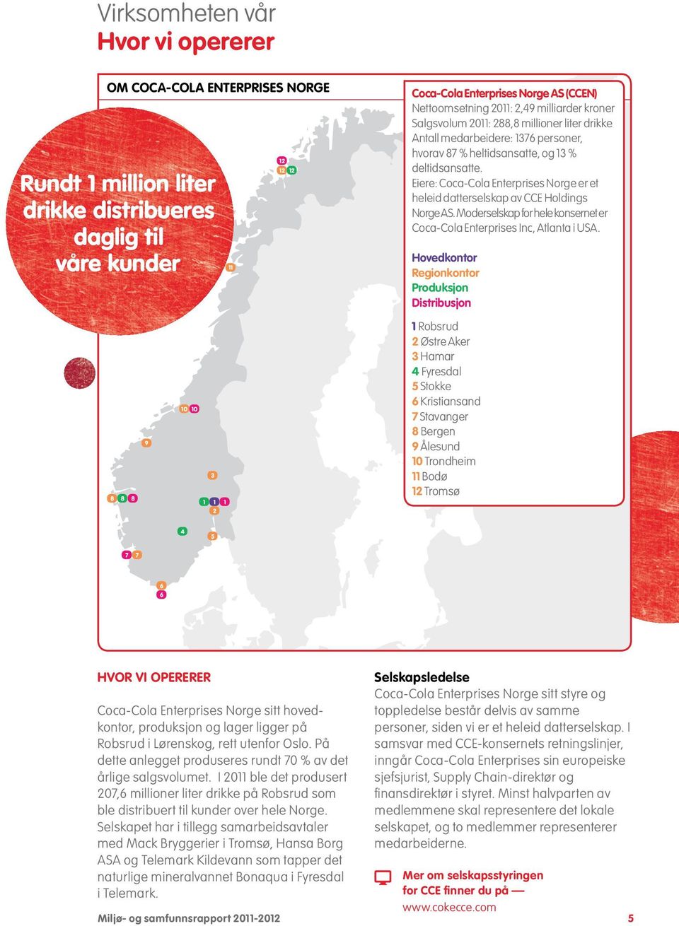 Eiere: Coca-Cola Enterprises Norge er et heleid datterselskap av CCE Holdings Norge AS. Moderselskap for hele konsernet er Coca-Cola Enterprises Inc, Atlanta i USA.