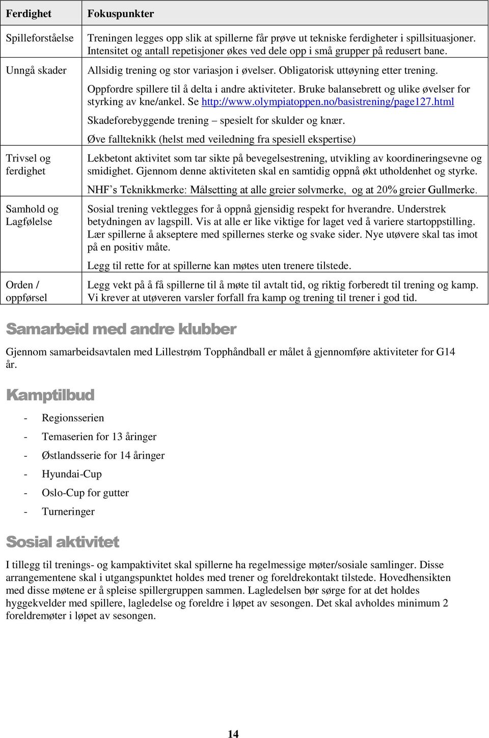 Oppfordre spillere til å delta i andre aktiviteter. Bruke balansebrett og ulike øvelser for styrking av kne/ankel. Se http://www.olympiatoppen.no/basistrening/page127.