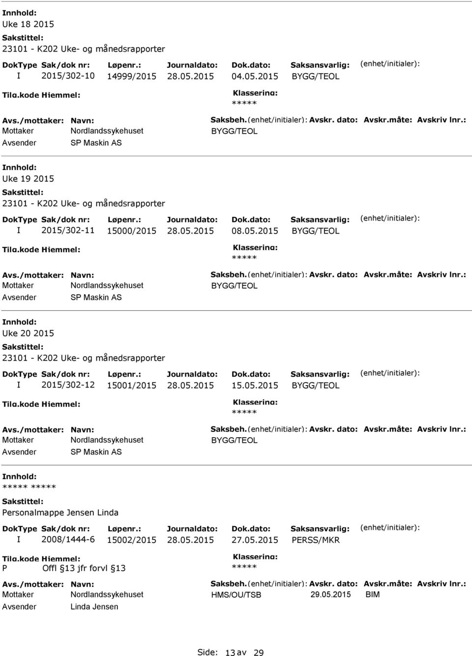 2015 Avsender S Maskin AS nnhold: Uke 20 2015 23101 - K202 Uke- og månedsrapporter 2015/302-12 15001/2015 15.05.