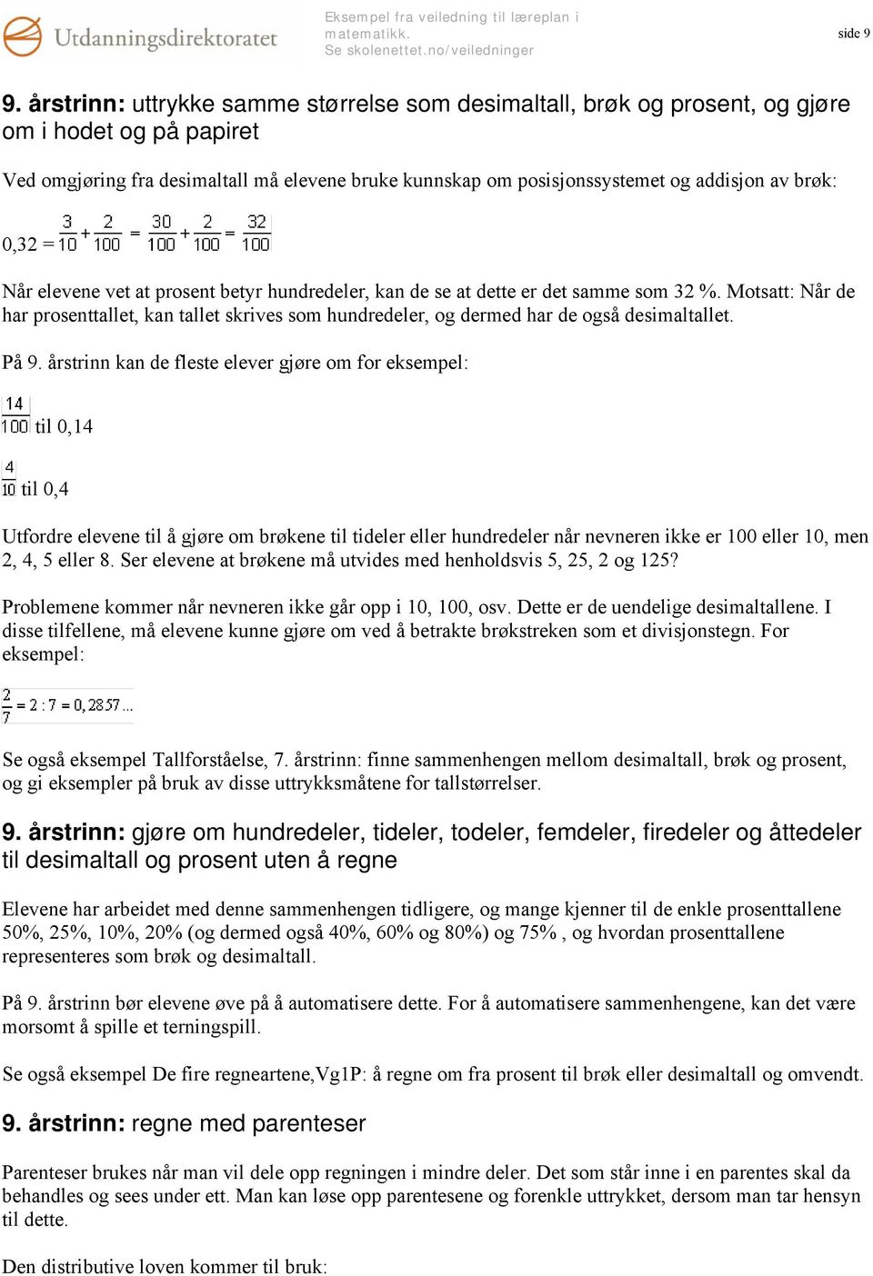 brøk: 0,32 = Når elevene vet at prosent betyr hundredeler, kan de se at dette er det samme som 32 %.