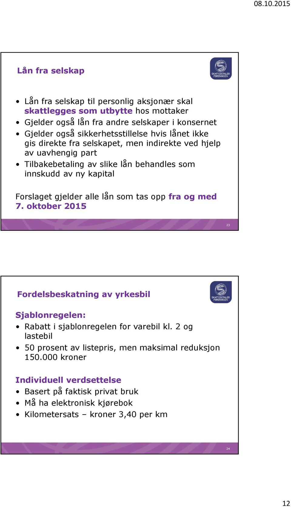 Forslaget gjelder alle lån som tas opp fra og med 7. oktober 2015 23 Fordelsbeskatning av yrkesbil Sjablonregelen: Rabatt i sjablonregelen for varebil kl.