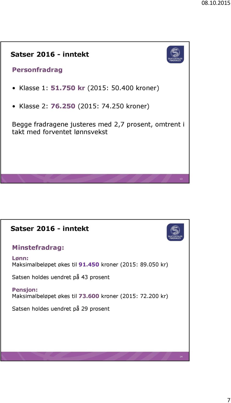 Minstefradrag: Lønn: Maksimalbeløpet økes til 91.450 kroner (2015: 89.